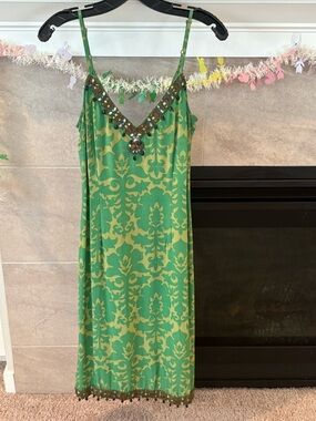 Plenty by Tracy Reese Green and Gold Beaded Midi Slip Dress